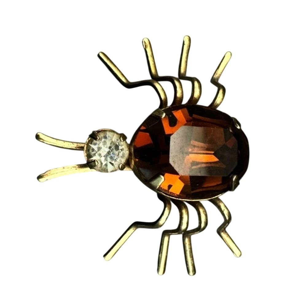 Vintage Spider Brooch Goldtone Large Topaz and Clear Rhinestones